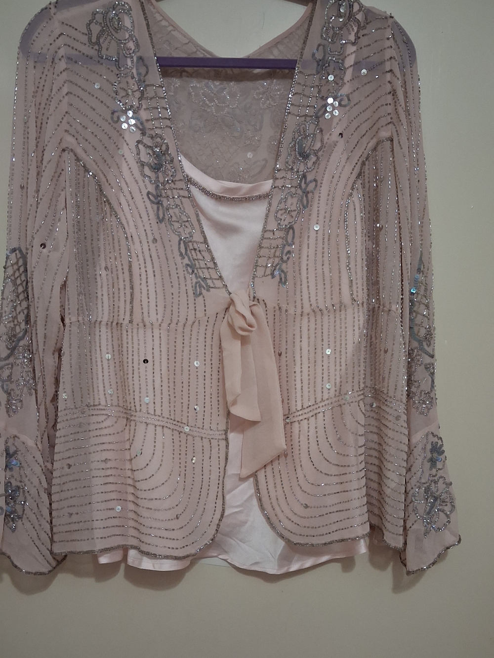 Embroidered Sequin Tie-Front Blouse - Blush Pink